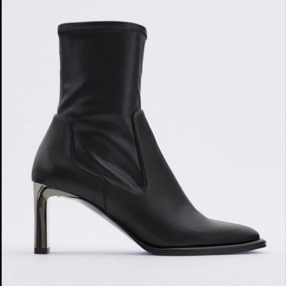 Zara Womens Black Leather Ankle Boots Sz 7 Eu 37 Metallic Heel 5146 Mid - Picture 1 of 10